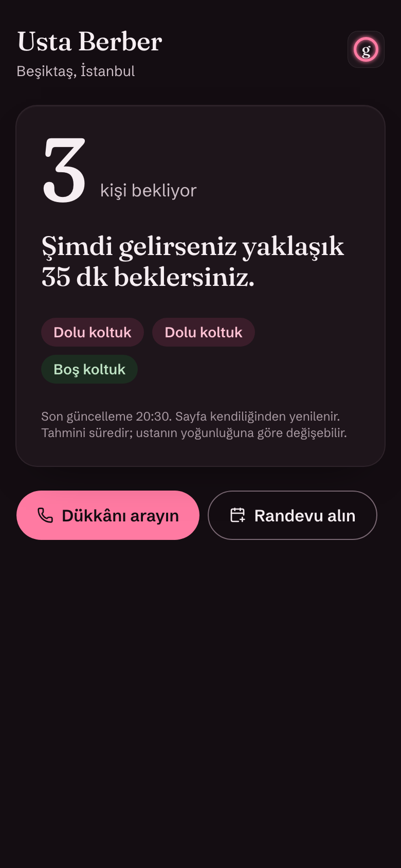 Herkese açık sıra sayfası: 3 kişi bekliyor, şimdi gelirseniz yaklaşık 30 dakika